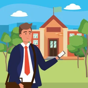 Student using smartphone on campus background Stock Illustration