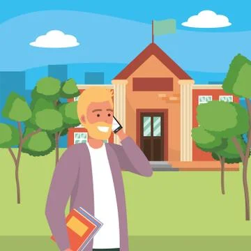 Student using smartphone on campus background イラスト素材