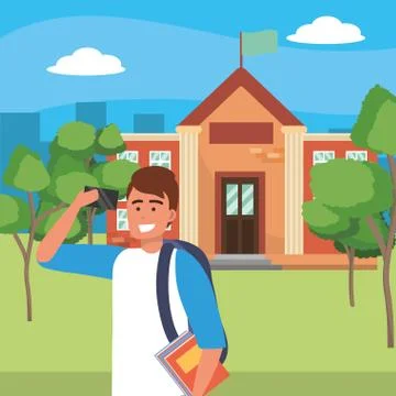 Student using smartphone on campus background Stock Illustration