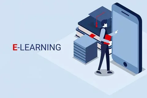 Student using smartphone for online learning with books Ilustración de archivo