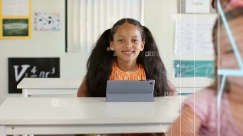 Student using tablet in classroom, peer running past activating blue schematic Stock Footage 333155519
