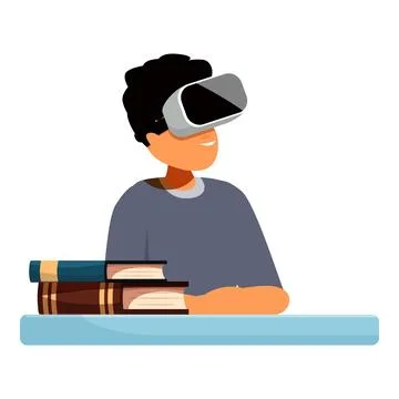 Student using virtual reality headset at school desk with books Stock Illustration