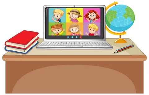 Student video chat online screen on laptop on white background Illustrazione stock
