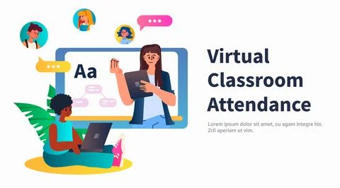 Student in virtual classroom using smart interactive board virtual attendance e Stock Illustration