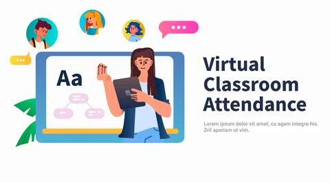 Student in virtual classroom using smart interactive board virtual attendance e Stock Illustration