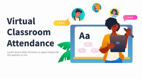 Student in virtual classroom using smart interactive board virtual attendance e Stock Illustration