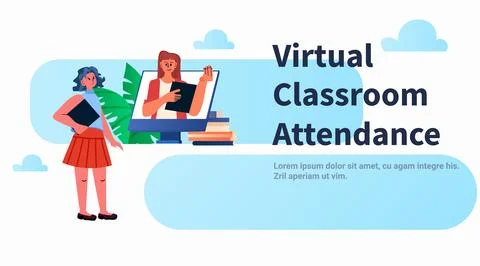 Student in virtual classroom using smart interactive board virtual attendance e Illustrazione stock