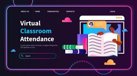 Student in virtual classroom using smart interactive board virtual attendance e Stock Illustration