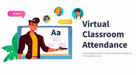 Student in virtual classroom using smart interactive board virtual attendance e Stock Illustration
