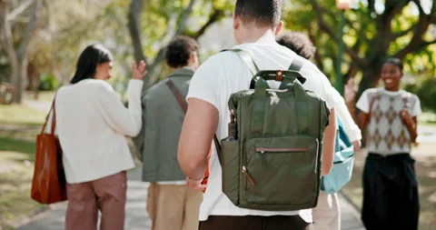 Student, walking and backpack with basketball in park for commute, travel or Stock Footage 346296827