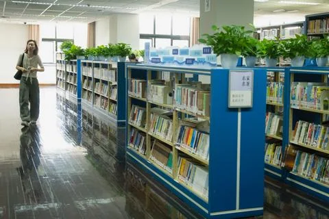 Student walking between blue bookshelf in modern library. young woman explore Stock Photos