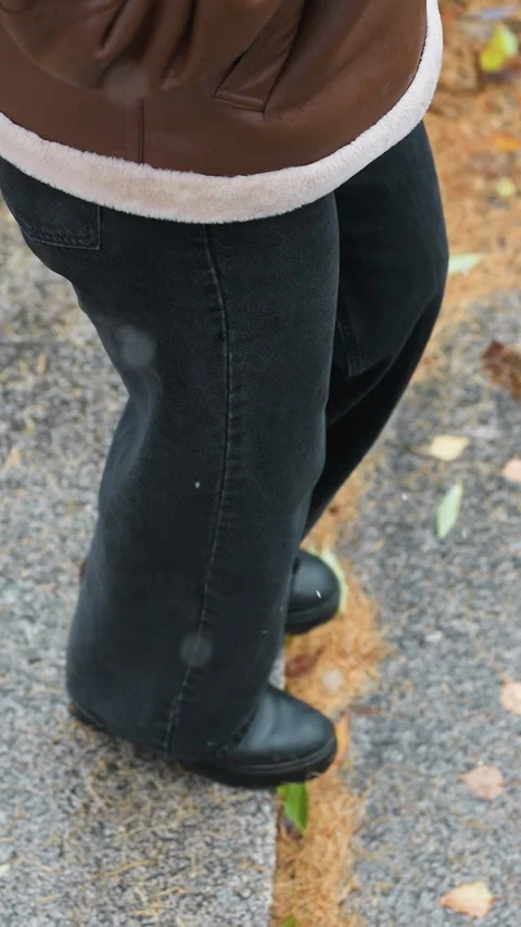 Student walking down stone steps during snowfall with autumn leaves, holding Stock Footage 320356056