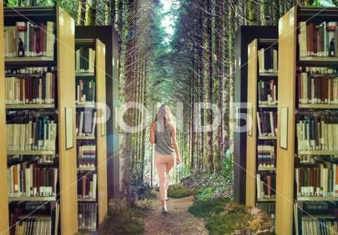 Student walking in a forest library PSD Template