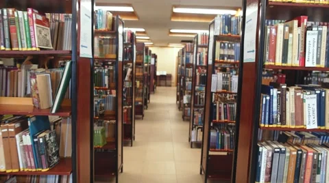 Student walking through the library and reads the encyclopedia Stock Footage 68138064