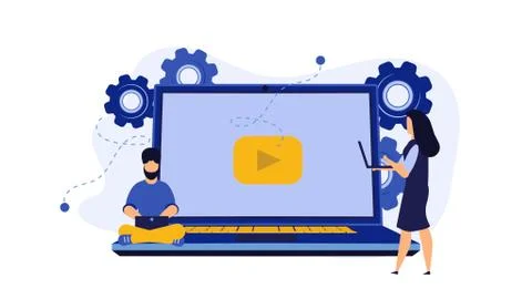 Student watch online video vector education illustration background with lapt Stock Illustration