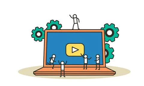 Student watch online video vector education illustration background with lapt 스톡 일러스트