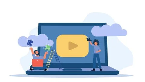 Student watch online video vector education illustration background with la.. Illustrazione stock