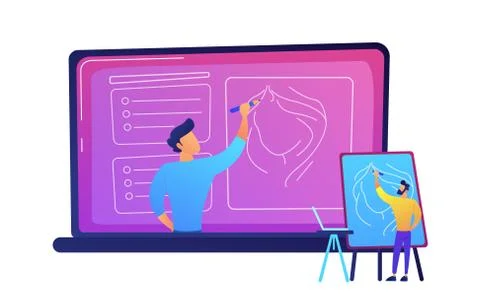 Student watching online tutorial on a big laptop vector illustration. Stock Illustration