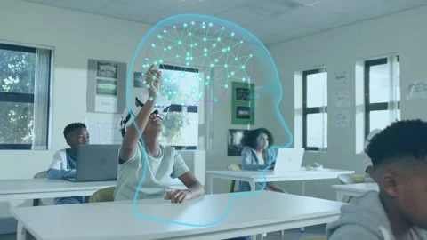 Student wearing AR headset using hand gestures in school, probing hologram brain Stock Footage 334729179