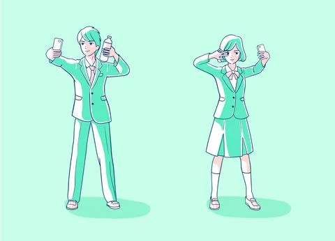 A student wearing a school uniform is taking a selfie Stock Illustration