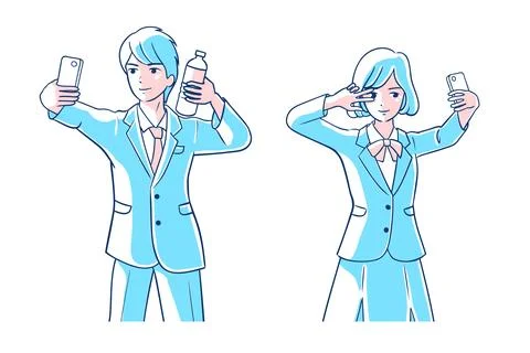 A student wearing a school uniform is taking a selfie Stock Illustration