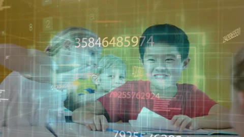 Student whispering to classmate, activating code overlay showing data flow, Video stock 316185154