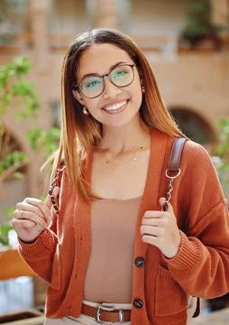 Student, woman with smile in portrait, university and education, scholarship and Stock Photos