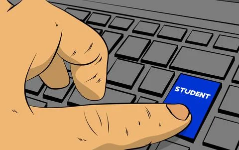 Student word on computer keyboard. Man push keypad on laptop. Comic book styl 스톡 일러스트