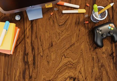 Student working desk table with computer and stationary tools 3D illustration イラスト素材