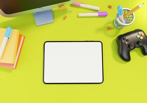 Student working desk table with tablet mockup and stationary tools 3D Stock Illustration