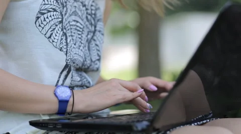 Student working on the laptop, close-up hands Stock Footage 64455775
