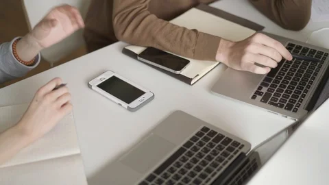 Student working table with smartphones laptops and notebooks 스톡 동영상 104766319