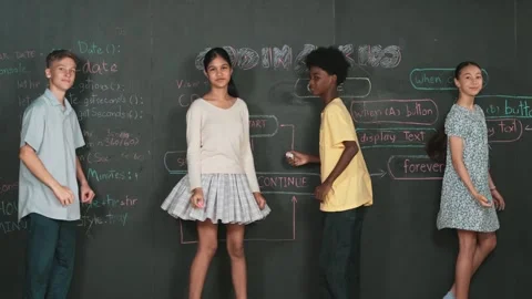 Student write code on blackboard and turn around to pose at camera. Edification Video stock 271169114