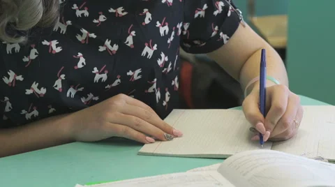 Student writes in her copybook at the lesson Stock Footage 68800389