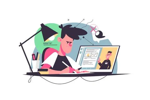 Student writes homework at desk Illustrazione stock