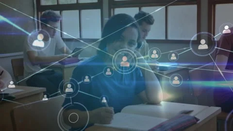 Student writing, digital node appearing and forming classroom network mapping Stock Footage 331269915