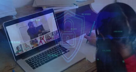 Student writing during laptop class host starting shield overlay pulsing across Stock Footage 330444000