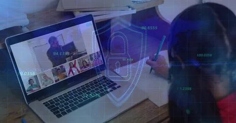 Student writing during laptop class host starting shield overlay pulsing across Stock Photos