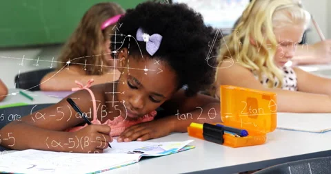 Student writing math notes in classroom, producing animated algebra equations Stock Footage 315796651