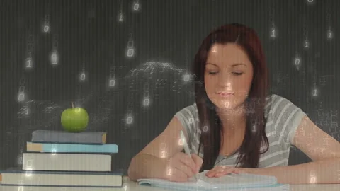 Student writing notes with apple causing binary code cascading down chalkboard Video stock 313241996