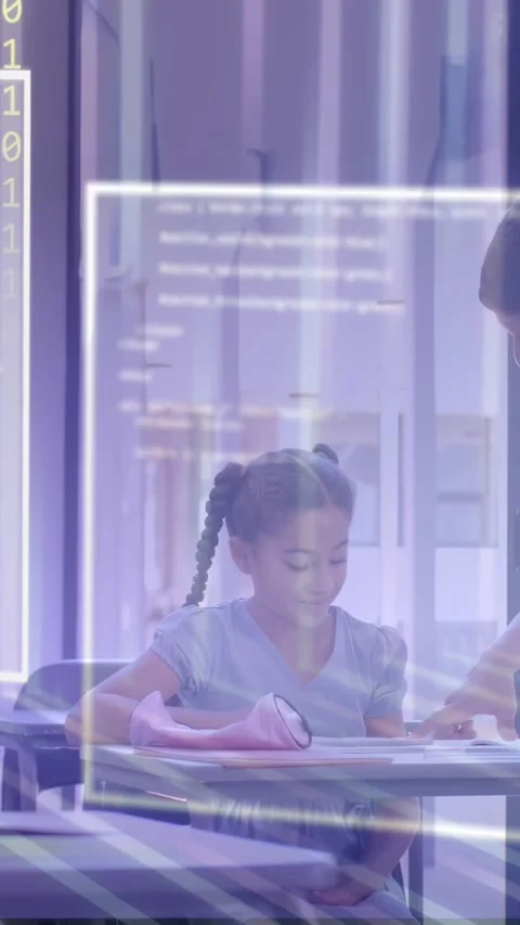 Student writing, teacher pointing starting overlaying code on workbook with pink Stock Footage 331271055