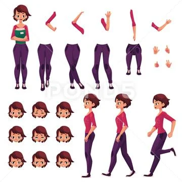 Student, young woman character creation set, different poses, gestures, faces Stock Illustration