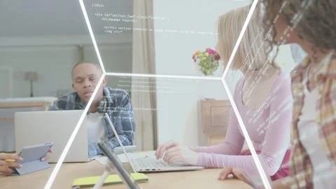Students and adult at table tapping tablets, passing folder, causing data Stock Footage 333287939