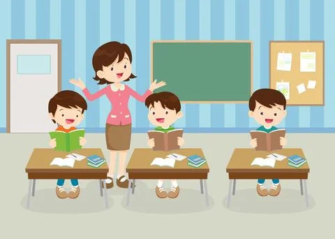 Students and teacher in classroom Stock Illustration