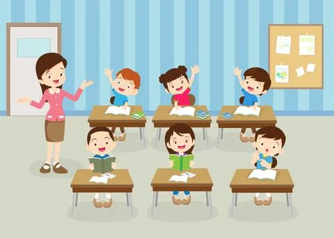 Students and teacher in classroom Stock Illustration