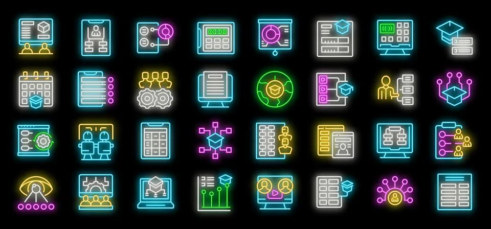 Students and teachers using learning management system neon icons set vector Illustrazione stock