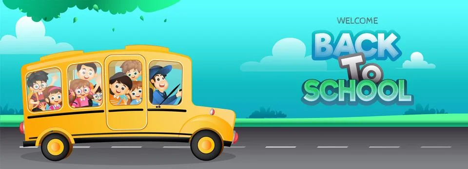 Students are going to school by bus, back to school banner design. Stock Illustration