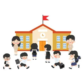 Students Arriving at School Building Stock Illustration