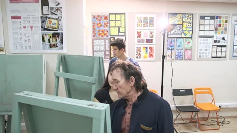 Students of the art school draw with paints on canvas Stock Footage 144942298