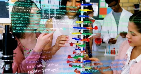 Students assembling helix in lab, peer handing part starting learning, code Stock Footage 331820677